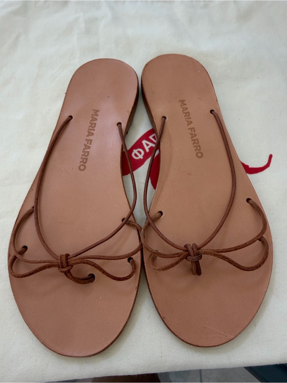 Tan Leather Bow-Strap Slide Sandals
